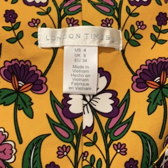 London Times Yellow Print Short Sleeve V-neck Floral Shift Mini Dress Size 4 - Picture 2 of 7